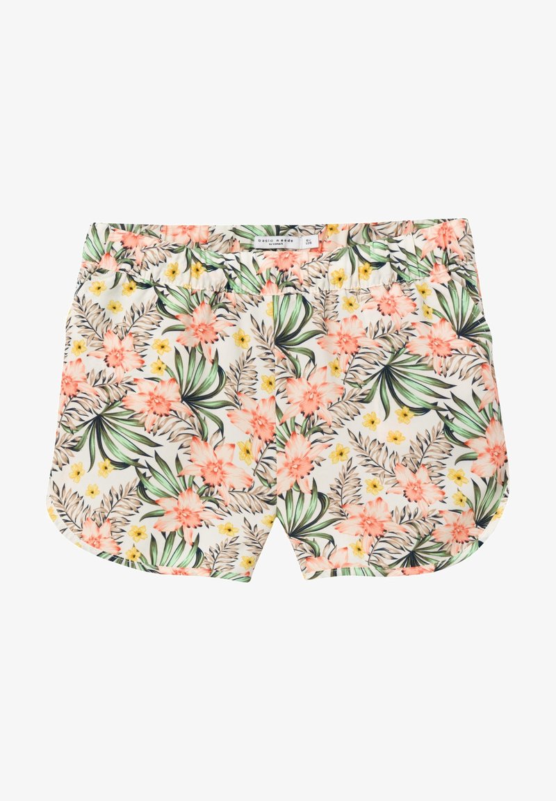 Short blanc avec une taille élastique présentant un motif floral tropical coloré en vert, rose, jaune et beige.