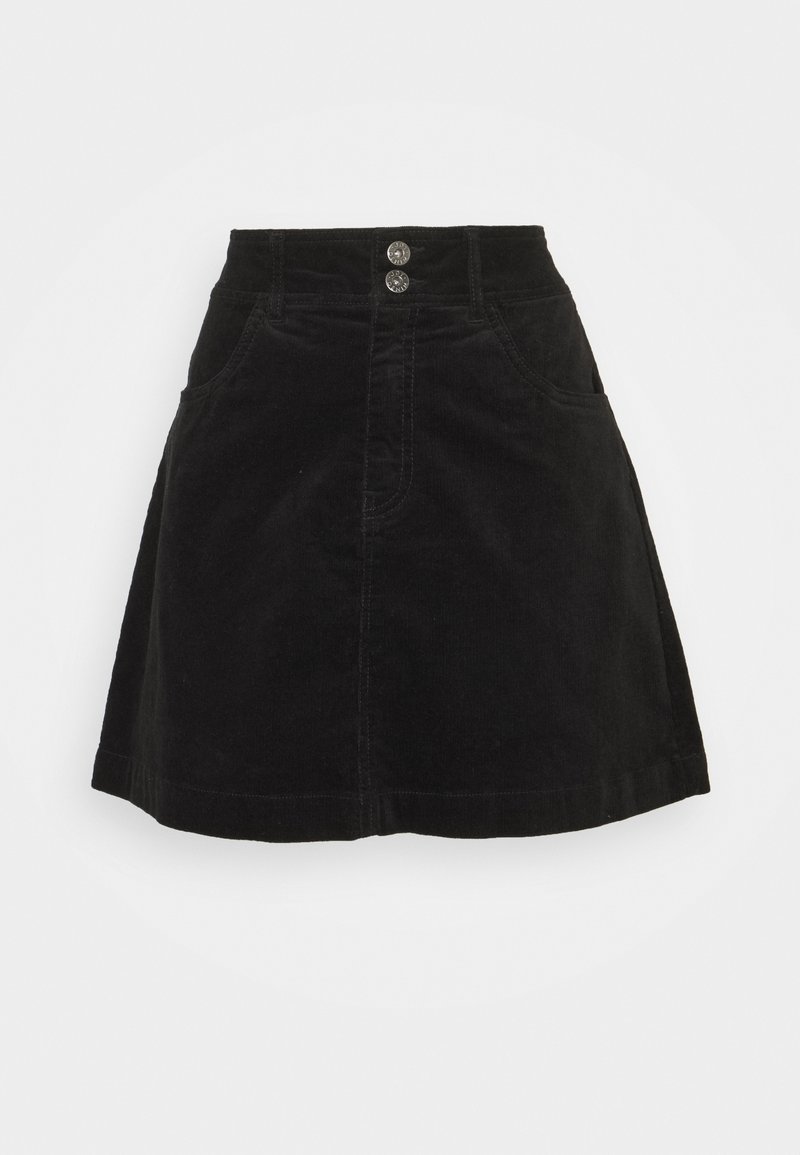 Jupe noire en velours côtelé forme trapèze avec deux poches frontales et fermeture double boutons métal à la taille.