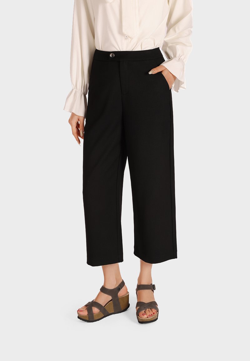 Pantaloni neri a culotte con taglio dritto e chiusura a bottone, abbinati a sandali con zeppa marroni dotati di cinturini e suole texture.