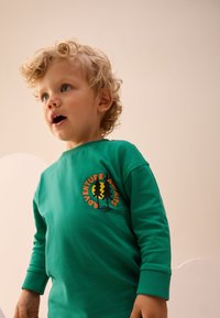 Maglietta verde a maniche lunghe per bambino in tessuto morbido con scollo rotondo. Presenta una grafica colorata di alberi e testo sul petto.