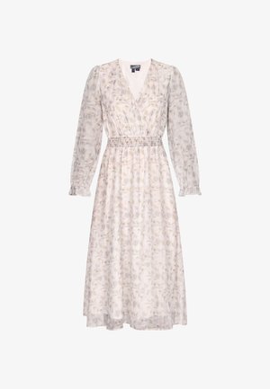 Hosszú ujjú maxi ruha áttetsző anyagból, tompa színekben virágmintával. V-kivágás, ráncolt derék és bő szoknya.