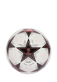 Balón de fútbol blanco con detalles en negro y naranja. Presenta paneles en forma de estrella, marca de la UEFA Champions League y superficie texturizada.