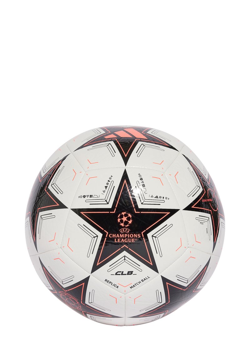 Balón de fútbol blanco con detalles en negro y naranja. Presenta paneles en forma de estrella, marca de la UEFA Champions League y superficie texturizada.