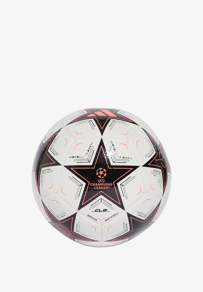 Balón de fútbol blanco con detalles en negro y naranja. Presenta paneles en forma de estrella, marca de la UEFA Champions League y superficie texturizada.