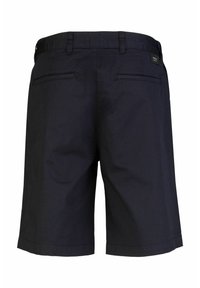 Pantaloni corti blu navy in cotone, con due tasche posteriori senza decorazioni e un taglio dritto, orlati in basso.