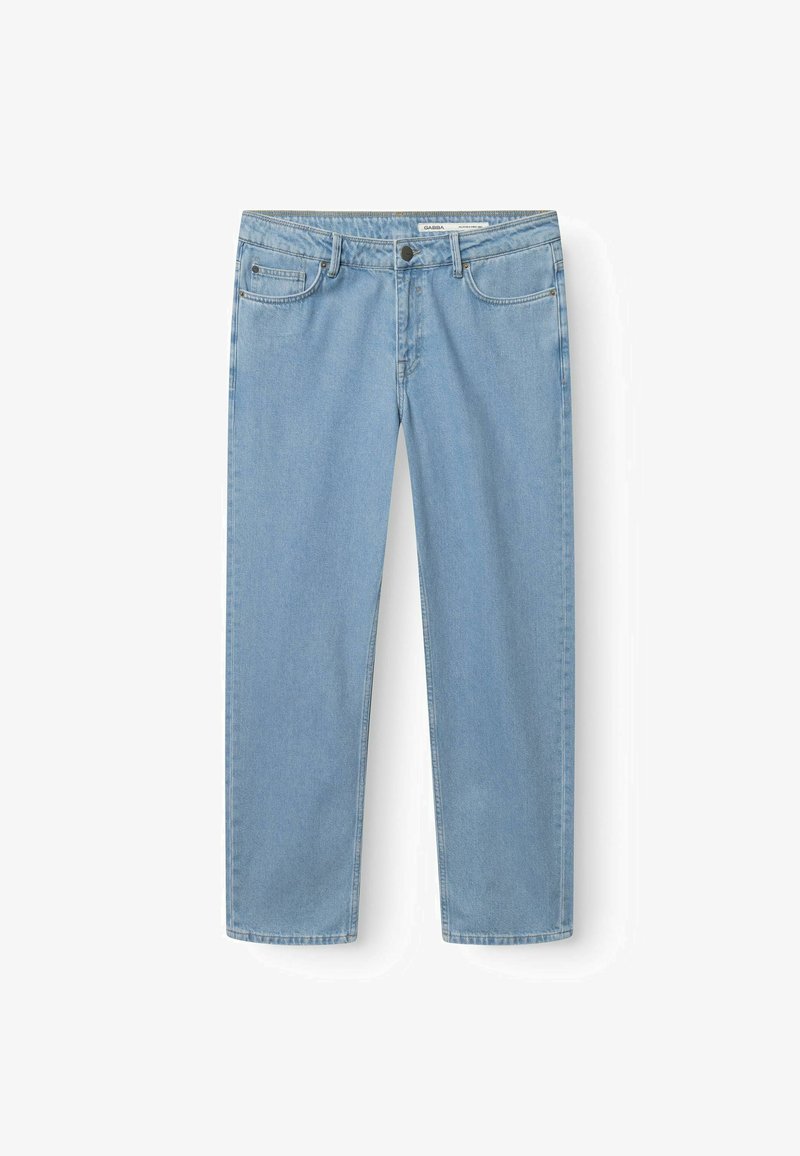 Lichtblauwe denim jeans met een rechte pijp, vijfzakkenstijl en een knoopsluiting. Zachte textuur met minimale vervaging.