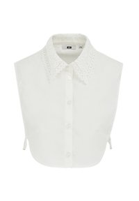 Biała bawełniana bluzka z ozdobnym koronkowym kołnierzem, zapinana na guziki z przodu, krótki rękaw, z wiązaniami po bokach do regulacji.