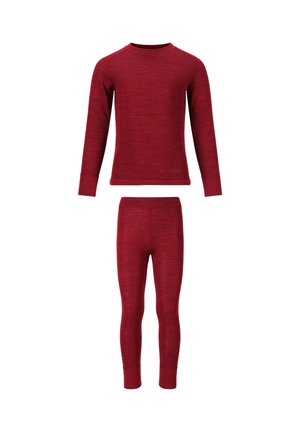 Haut thermique à manches longues rouge et leggings assortis en tissu doux et texturé avec un design ajusté, présentant un col rond et des poignets côtelés.
