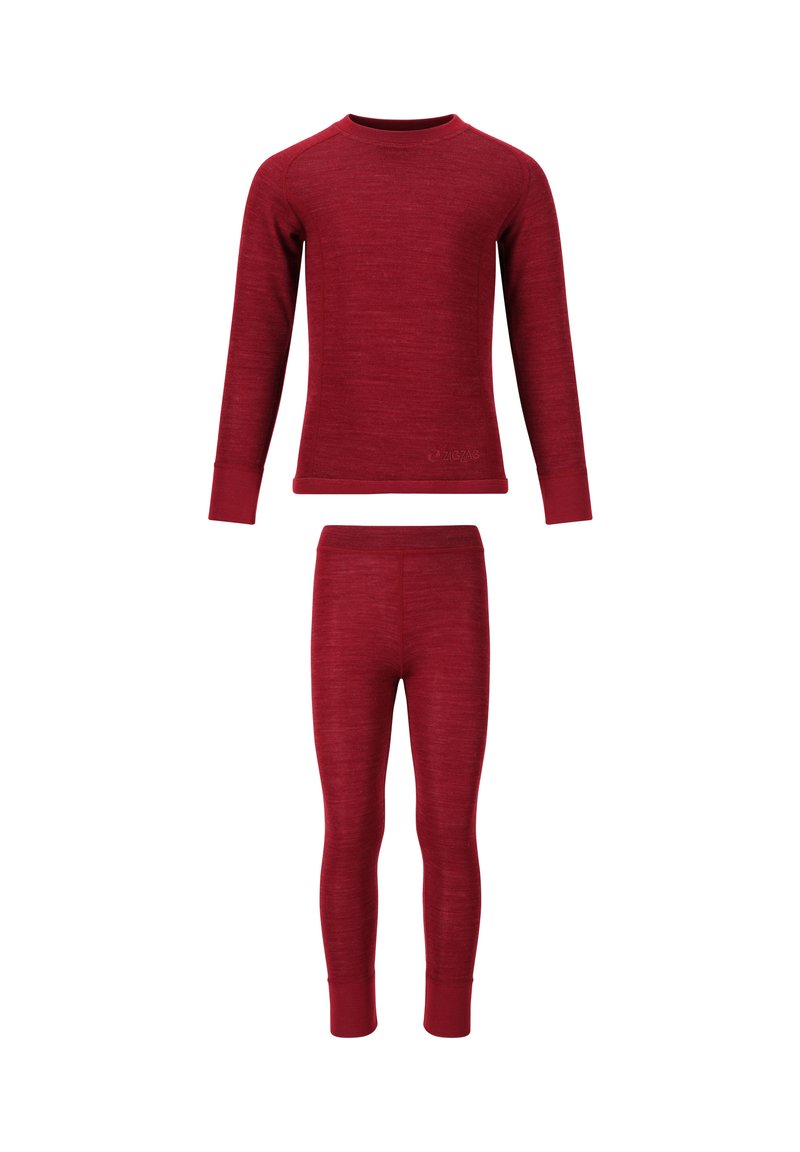 Röd långärmad thermotopp och matchande leggings i mjuk, strukturerad tyg med åtsittande design, med rund halsringning och ribbade ärmslut.