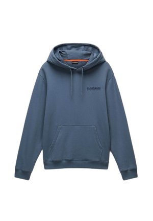 Sweat à capuche bleu en mélange de coton, avec une poche avant, des poignets côtelés et un petit logo imprimé sur la poitrine.