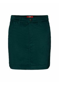 Donkergroene corduroy minirok met een aansluitend ontwerp. Voorzien van steekzakken aan de voorkant, een knoopsluiting en een rechte zoom.