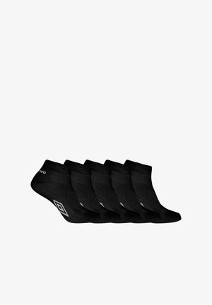 Chaussettes noires à la cheville en paquet de six, fabriquées dans un matériau lisse avec un revers côtelé et un accent de logo blanc sur le côté.