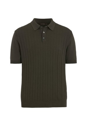 Polo en maille à manches courtes vert foncé avec des rayures verticales texturées et une patte à trois boutons au col.