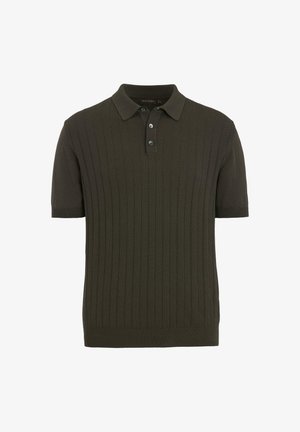 Polo a maniche corte in maglia verde scuro con righe verticali strutturate e patta con tre bottoni al colletto.