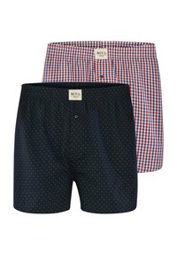 Due coppie di boxer da uomo: una con motivo a scacchi rosso e blu, e l'altra in blu scuro con pois bianchi. Entrambi con vita elastica.