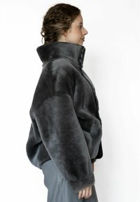 Grijze jas van nep bont met een hoge kraag, losse pasvorm en knoopsluiting. Gladde textuur en zachte uitstraling, met een modern ontwerp.