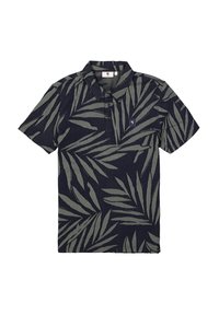 Kurzarm-Poloshirt in Marineblau mit grünem Blättermuster. Verfügt über einen Kragen und eine Knopfleiste, gefertigt aus strukturiertem Stoff. Kleines Logo auf der Brust.