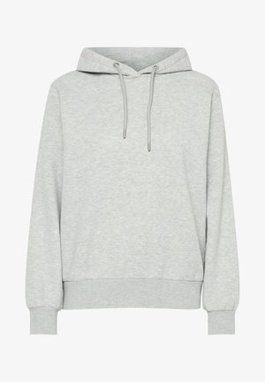 Light grey hoodie with a drawstring hood, ribbed cuffs and hem, made of soft fabric. Simple design, no patterns or accents.