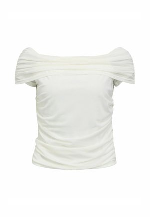 Haut pour femme écru à épaules dénudées avec tissu froncé et détail plissé au niveau du décolleté et des manches courtes.