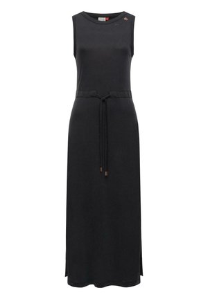 Robe noire sans manches en tissu doux, avec une taille ceinturée, des fentes latérales et des accents subtils au niveau du décolleté pour un détail supplémentaire.