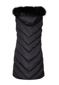 Veste d’hiver noire matelassée sans manches avec capuche bordée de fausse fourrure noire, vue de dos sur fond blanc.