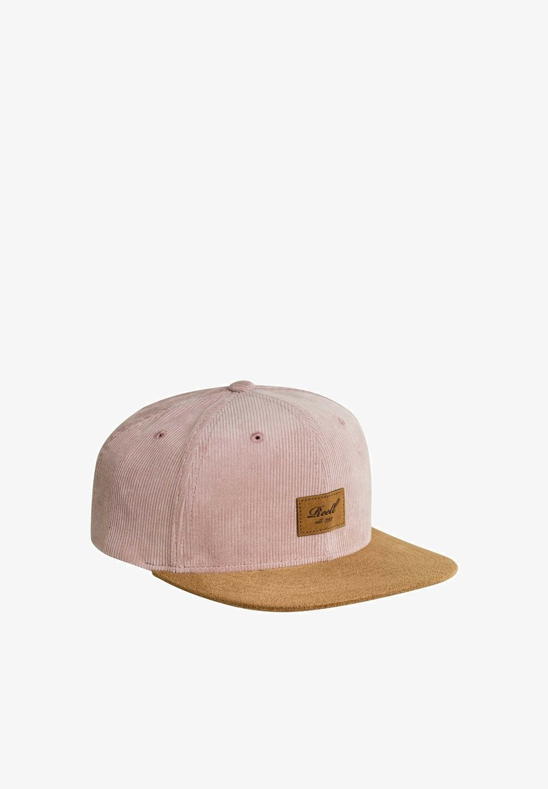 Pink corduroy cap with a tan suede brim, featuring a rectangular brown leather patch with embossed text. Six ventilation holes on top.