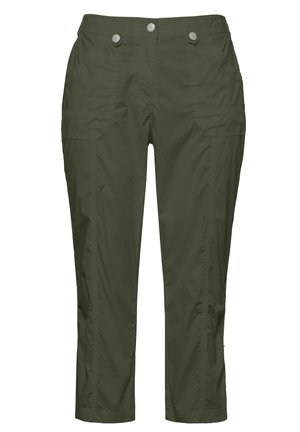 Pantaloni a croppati verde oliva realizzati in tessuto leggero. Presentano due tasche frontali e dettagli con bottoni. Design semplice con gambe dritte.