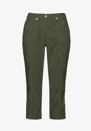 Oliwkowe, krótkie spodnie wykonane z lekkiego materiału. Posiadają dwie przednie kieszenie oraz guziki jako akcenty. Prosty krój z prostymi nogawkami.