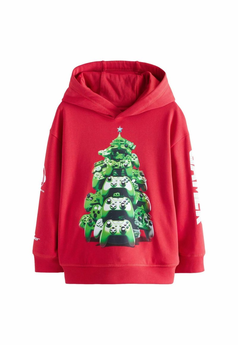Sweat à capuche rouge avec un graphique de manettes de jeu vertes empilées en forme de sapin de Noël, accompagné de texte blanc sur la manche.