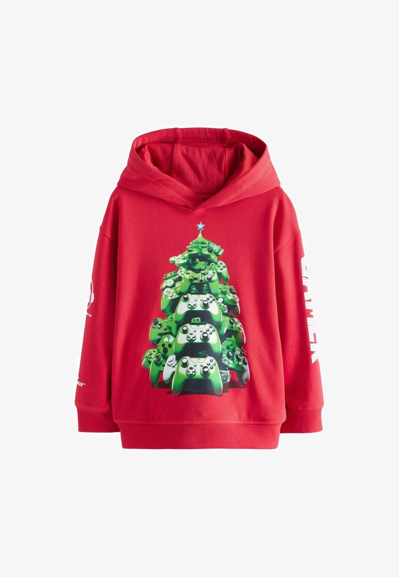 Rote Kapuzenjacke mit einem Grafikdesign von gestapelten grünen Spielcontrollern, die wie ein Weihnachtsbaum angeordnet sind, und weißem Text auf dem Ärmel.