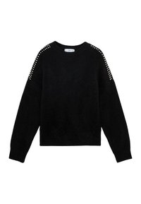 Maglione nero in maglia con scollo rotondo, maniche lunghe e decorazioni con borchie sulle spalle. Tessuto aderente e strutturato.