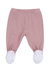 Pantalon bébé rose doux avec taille élastique et bas pieds, en tissu blanc avec petit motif floral rose.