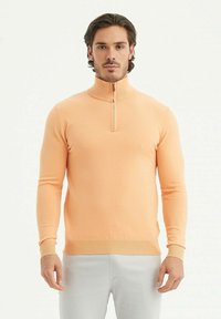 Pull en tricot couleur pêche avec un col montant et une fermeture zippée à moitié. Design ajusté, manches longues, et bords côtelés au niveau des poignets et de l'ourlet.