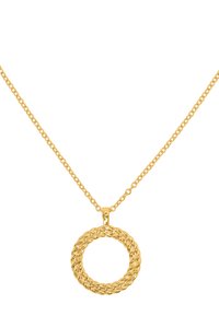Gouden ketting met een gedraaid rond hangertje aan een delicate ketting, met een getextureerd gevlochten ontwerp.