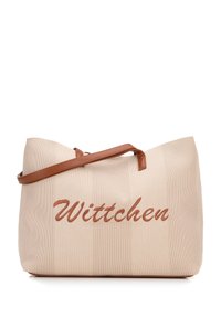 Sac en toile beige avec une finition texturée, doté d'une bandoulière en cuir marron et de "Wittchen" brodé dans une police cursive.