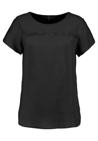 Blusa nera a maniche corte, in tessuto liscio, con scollatura rotonda, caratterizzata da una fascia testurizzata sul petto. Vestibilità rilassata con orlo leggermente arcuato.