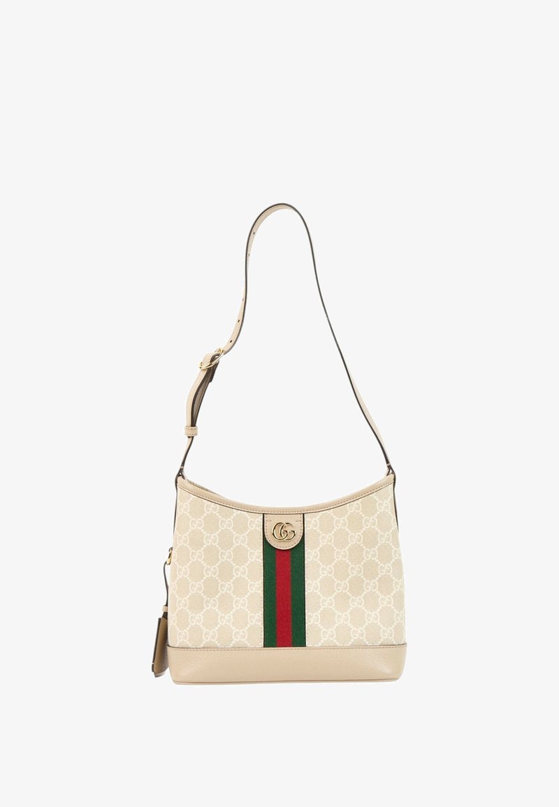 Sac à épaule beige Gucci avec motif GG signature, bande verticale verte et rouge, logo double G doré et bandoulière réglable en cuir.