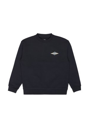 Sweat-shirt noir à manches longues avec col rond et un petit logo abstrait multicolore en forme de losange sur le côté gauche de la poitrine.