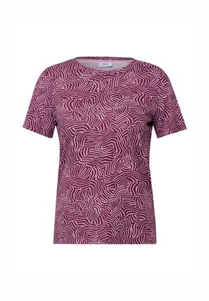 Korte mouwen T-shirt in bordeaux met abstract golvend wit patroon. Gemaakt van zachte stof, met een klassiek ronde hals ontwerp.
