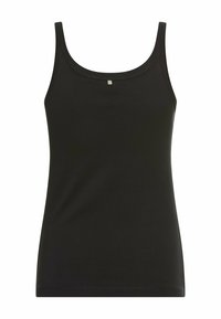 Sort tanktop med rund halsudskæring og smalle stropper. Fremstillet af glat, strækbart stof. Har en lille sølvaccent foran.