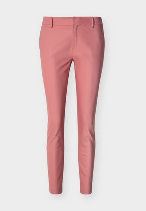 Pantaloni aderenti alla caviglia in rosa tenue con passanti per cintura e chiusura frontale nascosta.