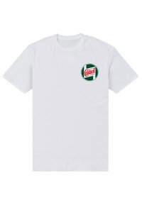 Bílá bavlněná tričko s krátkými rukávy, s oblíbeným kulatým zeleno-bílým logem s nápisem "Castrol" v červené barvě na levé části hrudi.