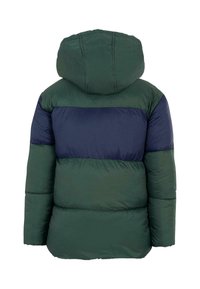 Giacca a vento verde e blu navy con cappuccio, caratterizzata da righe orizzontali, un design trapuntato e una superficie liscia. Vista posteriore.