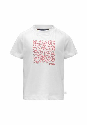 T-shirt bianca a maniche corte con un design floreale astratto rosa centrato sulla parte anteriore e il logo "K-WAY" in rosa in basso a destra.