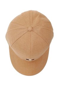 Svetlo rjave kapice z zaobljenim vrhom, izdelana iz teksturirane tkanine. Ima šive in majhen logotip spredaj.