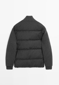 Dark gray padded jacket with ribbed knit sleeves and high ribbed collar, shown from the back on a white background.
