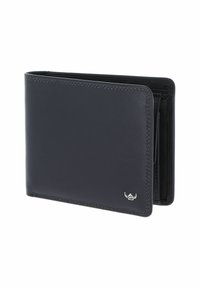 Portefeuille noir en cuir bifold avec coutures visibles et petit logo argenté dans le coin avant, légèrement ouvert pour montrer les compartiments intérieurs.