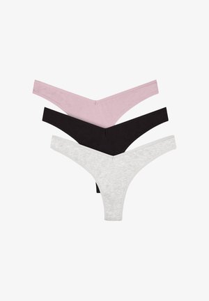 Tre coppie di perizomi da donna: rosa, nero e grigio melange. Realizzati in morbido tessuto di cotone, con un design classico e bordi senza cuciture.