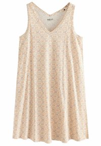 Ärmelloses Kleid mit V-Ausschnitt, aus leichtem Stoff gefertigt. Es weist ein geometrisches Muster in sanftem Beige und hellen Pfirsichtönen auf.