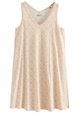 Ärmlös klänning med V-hals, gjord av lättviktsmaterial. Har ett geometriskt mönster i mjuka beige och ljus persikofärger.